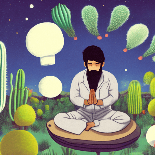 A young 32-year-old scientist with a short beard and black hair, wearing laboratory clothes. Sitting in meditation posture on a giant mushroom surrounded by a cactus forest. In the sky many ufos flying throwing lights and abstract figures.