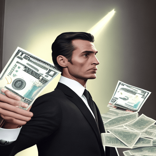 A realistic, cinematic portrait of a man in a sharp, tailored suit, standing in a dark room. He is holding a single $100 note in one hand and a large stack of cash, approximately $100, 000, in the other. The lighting is dramatic, like in a mafia film, with a strong beam of light falling on his face and hands, making him stand out against the dark background. The overall atmosphere is intense, with realistic textures and shadows emphasizing the wealth and mystery of the scene.