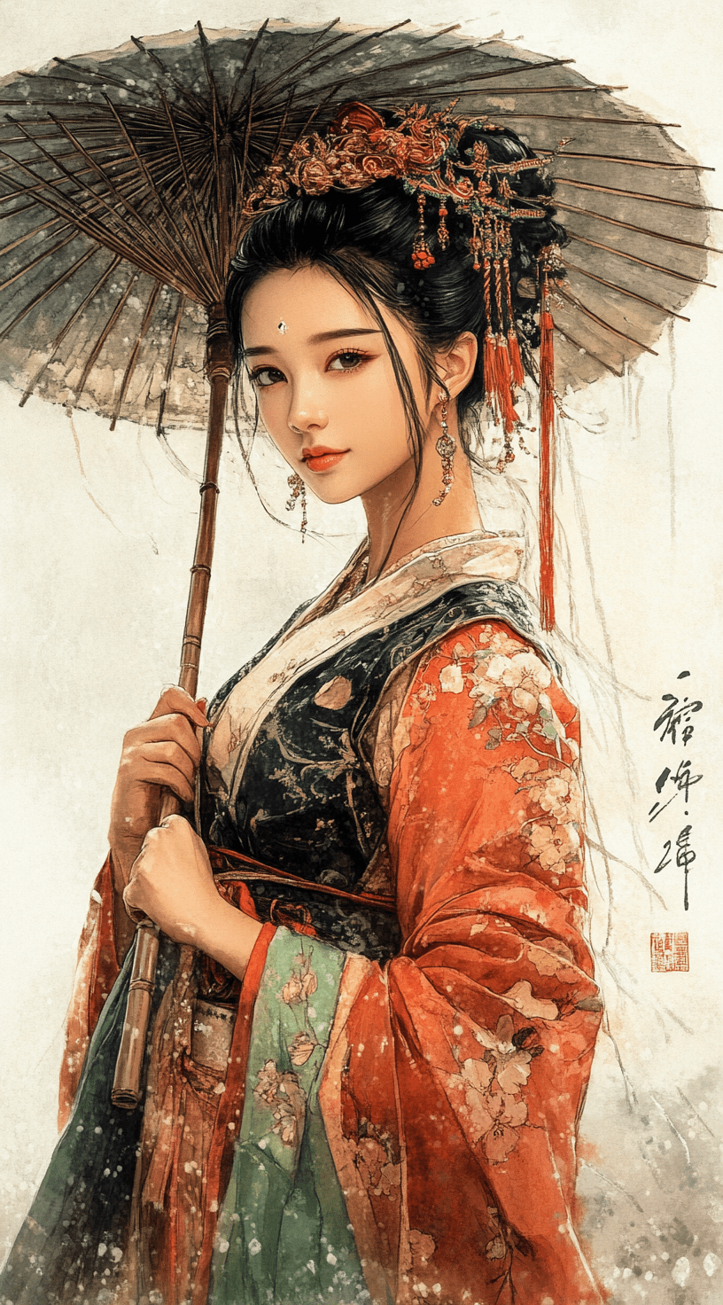 Painting of a woman dressed in traditional chinese dress with a bamboo umbrella, in the style of romantic manga, ethereal transparency, dark white and light gray, i can't believe how beautiful this is, romantic illustrations, dark white and light green, feminine sensibilities --ar 71:128 --personalize 2gwf1qc --stylize 750 --v 6. 1