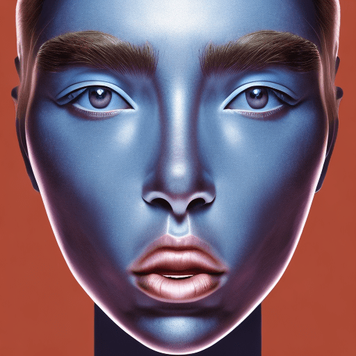 Woman bionic ceramic glossy blue face sculpture, pushed out of the background, front view, brightly lit, ultra realistic, modern minimalism, futuristic, --style raw --ar 3:4 --s 350 --v 6. 0