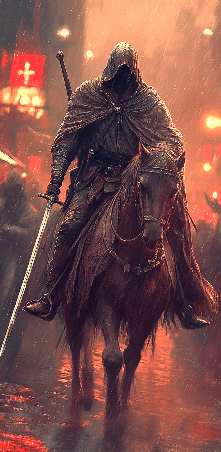 A dark knight on horseback with long sword, in the style of fantasy art, dark and rainy background, fantasy, dark souls --ar 63:128 --personalize 2gwf1qc --stylize 750 --v 6. 1
