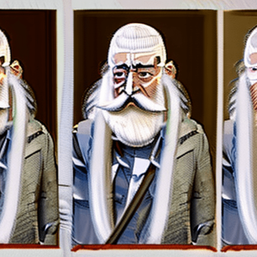 The image features an old man , a long white beard and mustache, he has a stern expression, giving the impression of a wise and experienced individual. The man's beard and mustache are prominent, adding to his distinguished appearance. The close-up shot of the man's face emphasizes his facial features and the intensity of his gaze. He wears a knitted scarf