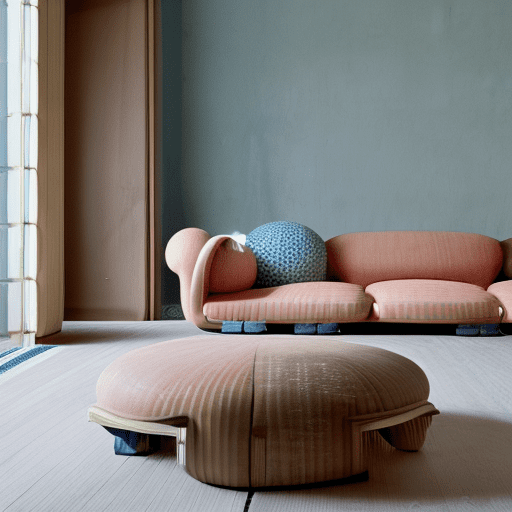 High resolution interior design, dreamy sunken living room conversation pit, wooden floor, small windows opening onto the garden, bauhaus furniture and decoration, high ceiling, beige blue salmon pastel palette, interior design magazine, cozy atmosphere; 8k, intricate detail, photorealistic, realistic light, wide angle, kinkfolk photography, a+d architecture