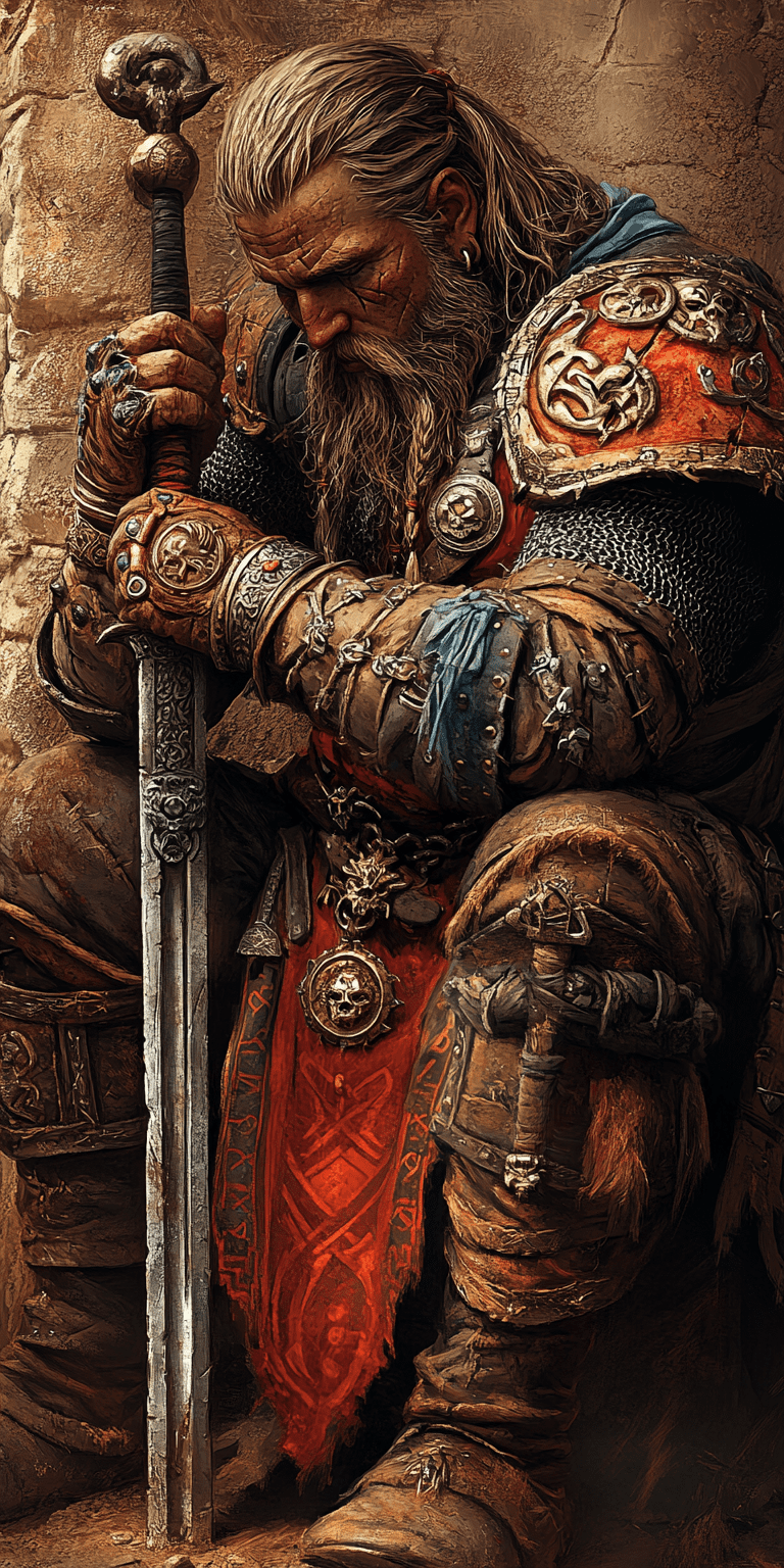 World of warcraft illustration of a large viking character with swords, dark bronze and red, crumpled, eerily realistic, dusty piles, gothcore, dark fantasy by antonio j. Manzanedo, full length body shot, finely detailed armor, weapon, intricate design and details, hyper detailed, hyper realistic, photography lighting --ar 1:2 --personalize 2gwf1qc --stylize 750 --v 6. 1
