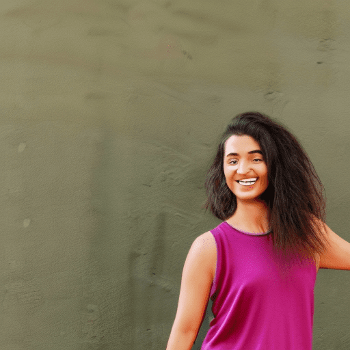An image of a smiling woman with olive skin and brunette hair highlighted with magenta streaks, styled in a side part with natural waves. She is wearing a sleeveless plum tank top and high-waisted black jeans with a tan belt and copper rivets. She stands halfway turned to the camera, with one hand on her hip and the other lightly touching her pocket, against a blurred european street background under soft diffused lighting.