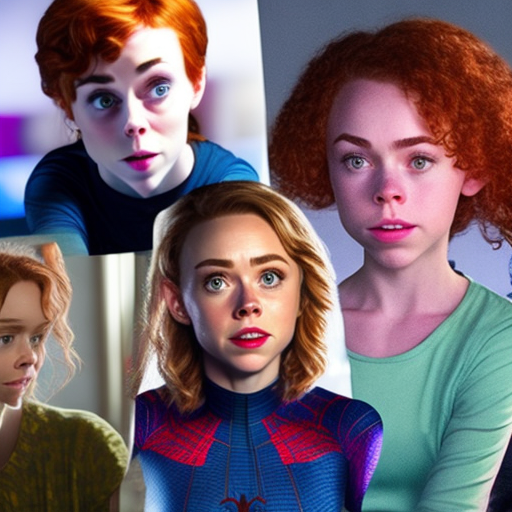 Shown in a bright color photo, very close up face, three female spider-man family, on the left is sophia lillis as mary jane watson, on the middle is sydney sweeney as felicia hardy/black cat, on the right is kiernan shipka as gwen stacy.