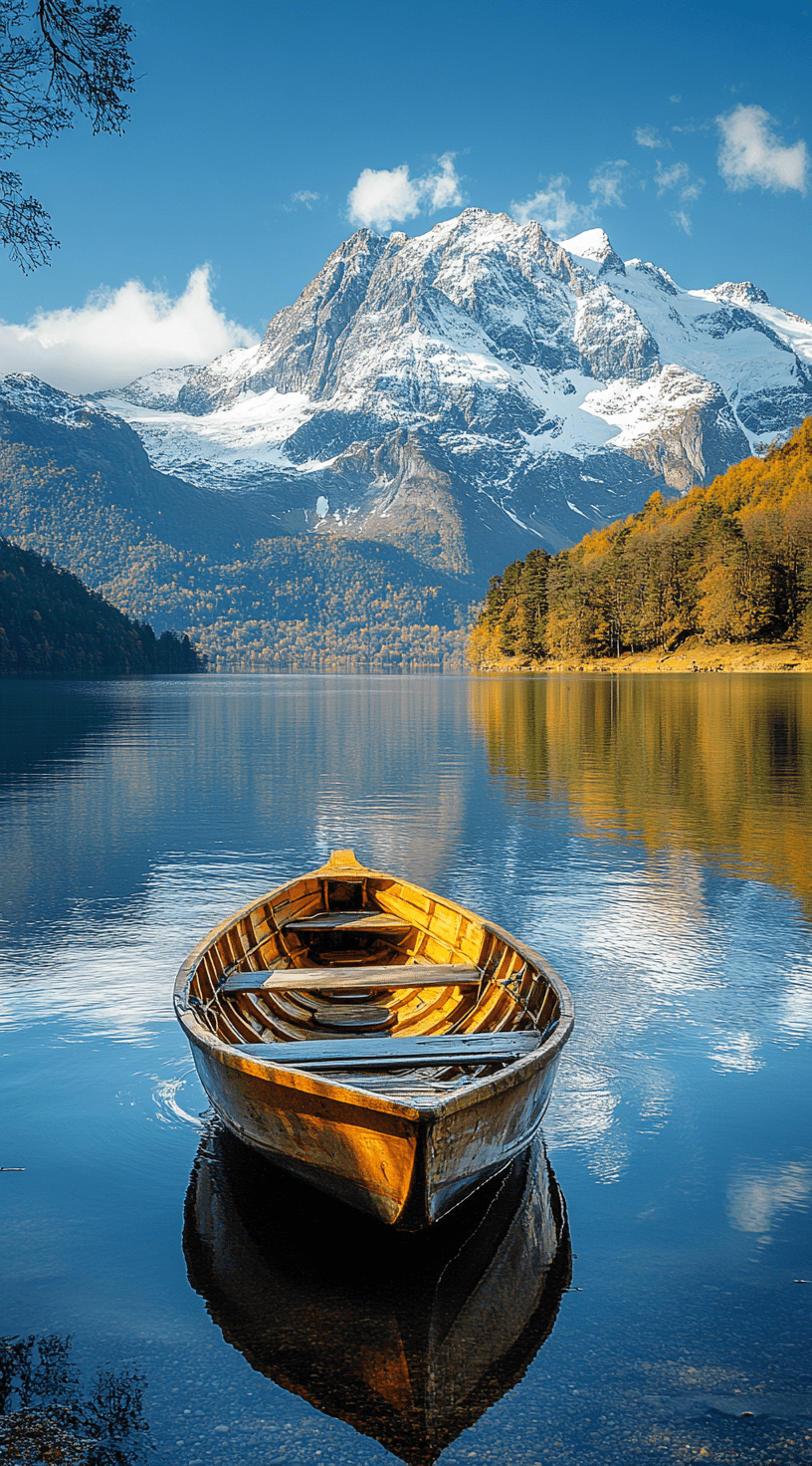 A small wooden boat is floating on the lake, reflecting the mountains in the clear blue sky, distant snow-capped mountain peak adds depth to the scene, soft ripples on the lake, natural beauty and tranquility --ar 71:128 --stylize 750 --v 6. 1