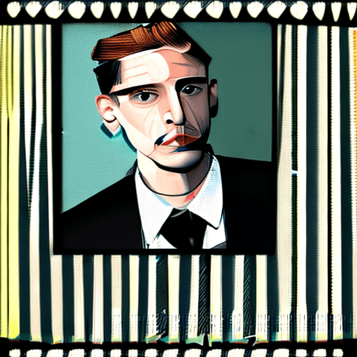 A confident man with a short hairstyle cut and observant black eyes, wearing a black suit, sitting with a laptop in front, half-body:: portraited, face drawn by the masterful artist wes anderson, detailed, against a gritty background --ar 2:3 --niji 5 --style expressive --q 2