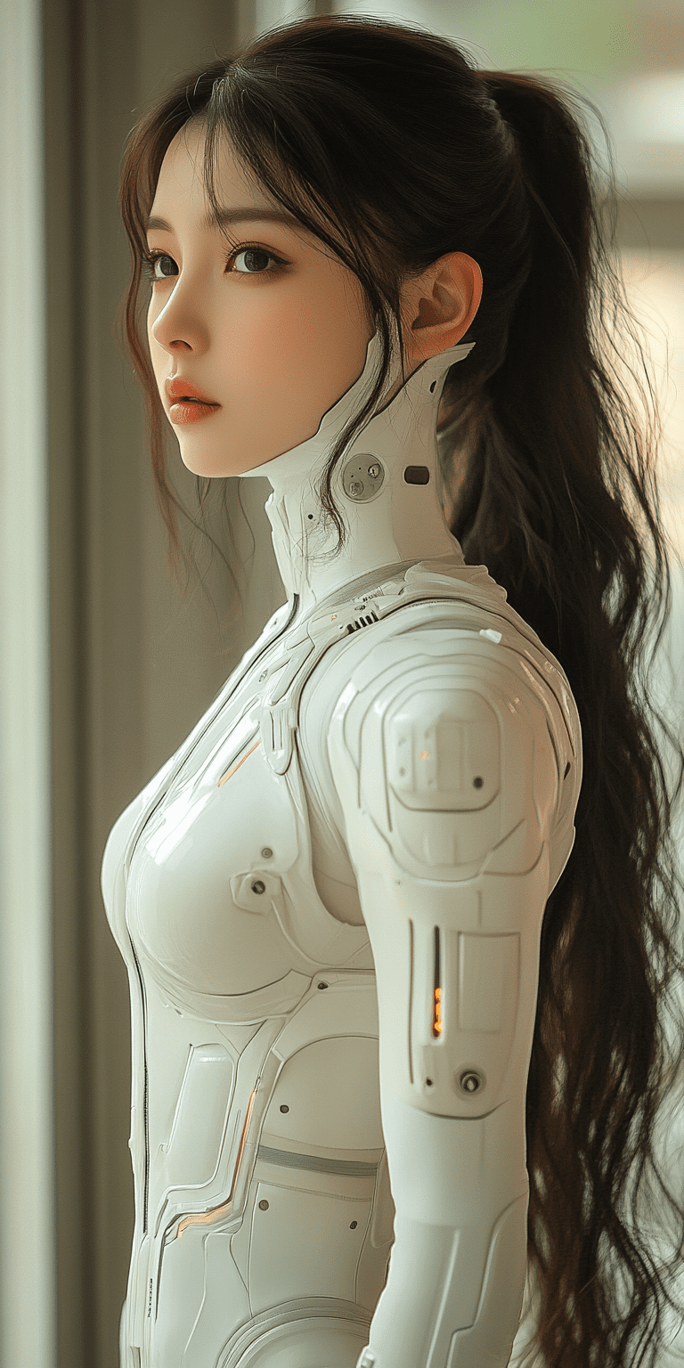 Beautiful asian woman in a white bodysuit, futuristic robotic face, beautiful eyes, full lips, long hair, hyper-realistic photography, side view --ar 1:2 --stylize 750 --v 6. 1