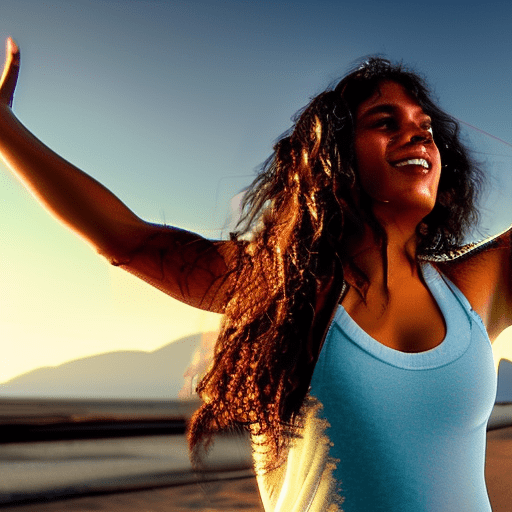 A serene woman with curly, dark brown hair and golden undertones to her medium-brown skin stands upright at the ocean's edge, her arms raised and hands grasping her hair as the warm, soft daylight from a high sun casts a gentle glow. Shot at eye-level, the soft focus blurs the waves in the background while keeping her face and figure sharp, with a slight film grain and warm color grading reminiscent of terrence malick's style.
