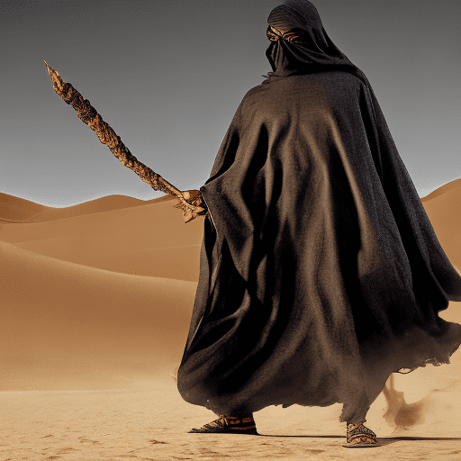 A desert demon from hell, an arab guardian of the dunes, scary, brutal, terrifying, fiery gaze, a mysterious man, dressed in a dark gray man's burqa, swarthy and grayish skin from ashes, gold veins, a dark cloak, a man shows a stick and inspires fear. A supernatural man, his face is hidden by a burqa, and his eyes are burning like a flame atmosphere. 4k. Very realistic. Movie. Cinematic.