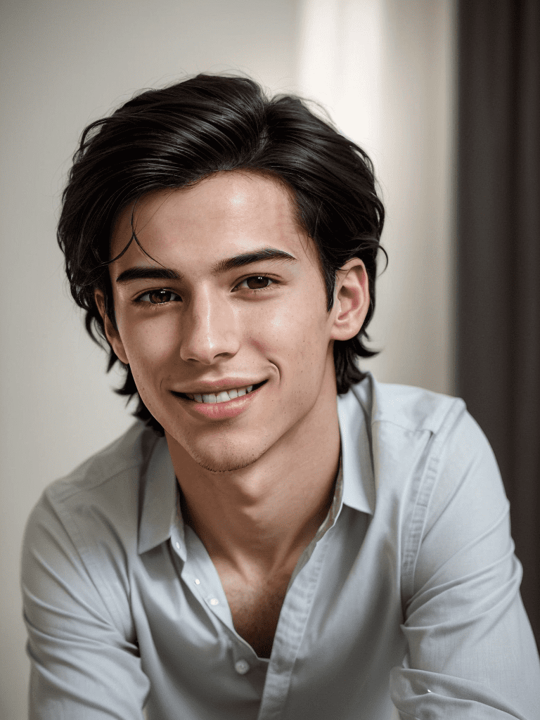 Generate a photorealistic portrait of a young adult male, radiating subtle yet unmistakable confidence. His presence is contemporary, a blend of youthful charm and intelligent assertiveness, with a smile that resonates with warmth and sociable charisma. His hair is dark, casually styled, reflecting a balance of trend awareness and personal ease. Upon his face rest modern, full-rimmed glasses with a prominent frame, contributing to his insightful yet approachable demeanor. They frame his eyes, which are clear and perceptive, and shine with a bright intellect and friendly disposition. He is dressed in a casual, contemporary outfit that speaks of his relaxed, yet thoughtful style, layered over a simple maroon t-shirt that adds a touch of youthful vibrancy to his appearance. The lighting is soft and flattering, designed to highlight the smooth texture of his well-cared-for skin, the subtle arch of well-groomed eyebrows, and a clean-shaven jawline that enhances his affable appearance. Every aspect of his visage, from the relaxed poise of his attire to the intentional choice of his stylish glasses, is carefully chosen to project the image of a man who is as approachable as he is confident, as casual as he is stylish. The ambiance surrounding him is one of relaxed sophistication, the kind that invites easy conversation and connection