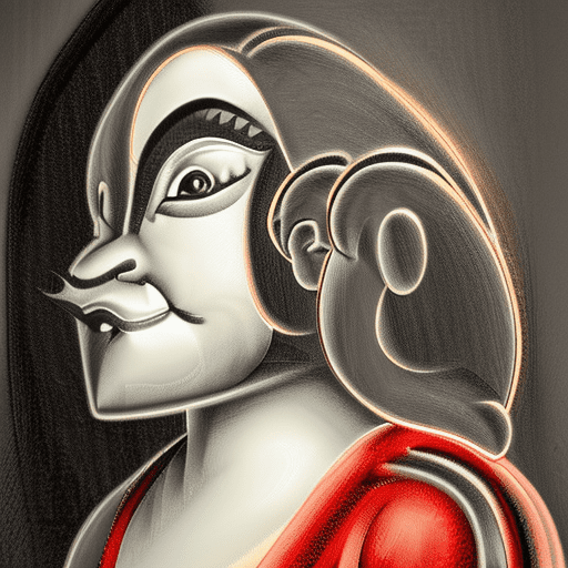 A vertical image of a serene lord hanuman a monkey face god in profile. Her features are soft and detailed against a dark background. She has wavy hair that flows upwards, outlined with a vibrant red glow that gives the impression of a glowing aura. Her eyes are gently closed, and her expression is one of deep tranquility. The image has a monochrome color scheme with a stark contrast between the subject and the glowing red accents.