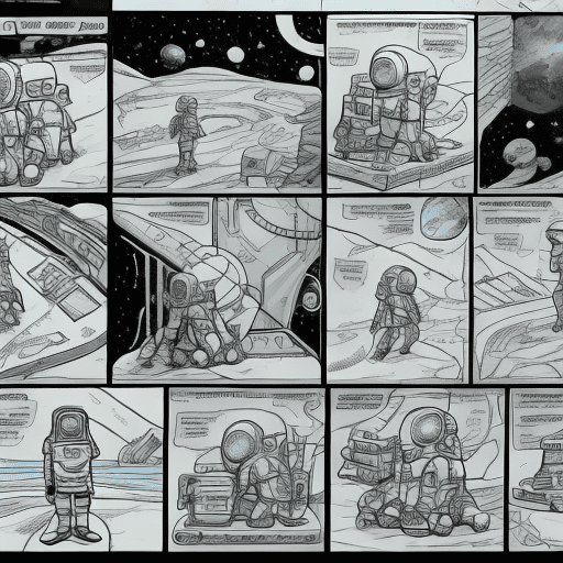 Comic book strips, storyboard cartoon comic book, color, storyboard comic, storyboard a boy wearing a space suit with a cat in a mining facility outer space, storyboard illustration style art, sketch concept story board, story board --s 750 --ar 2:3
