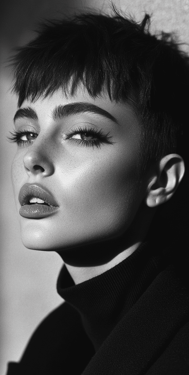 High-fashion portrait of an androgynous supermodel with short hair, fashion magazine cover in the style of peter lindbergh, chiaroscuro lighting, high-contrast black-and-white film photography, shallow depth of field, leica m6, kodak tri-x grainy monochrome photograph --no freckles, imperfections --ar 65:128 --stylize 750 --v 6. 1