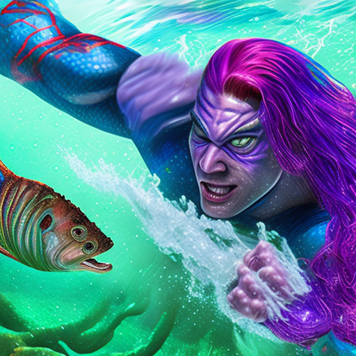 Spiderman huge muscular young mermaid merman with fish tail with the colour green and purple gradient iridescent holographic film that shifts colors with every movement, long wet red hair, swimming under the sea, under the water, see camera, front view, sea detailed background