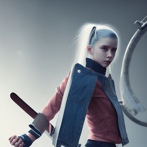 A cute young lady with white ponytailed hair, horn headband, wearing a dark denim jacket, a backpack with a katana, blue eyes, cyberpunk, subway, hyperrealism, photorealistic, 8k, unreal engine, 3d render --ar 9:16 --niji 5 --style expressive --s 400
