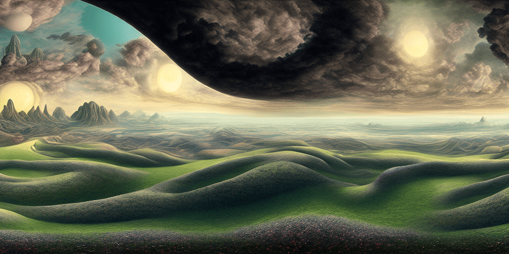 A surrealisitc dreamy panoramic landscape, a dreamscape in a parallel universe, a warning for those who dare ponder into its endless harmony of horrors, a beautiful scenery, digital rendering, masterpiece, scene, hypnotic, intricate detail, realistic light, wide angle focused, cinematic, horrible and dreamy landscape