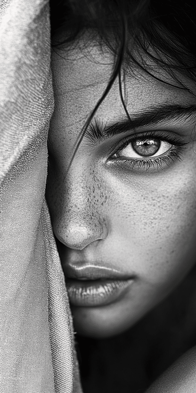 Black and white photograph of a woman, in the style of intense gaze, hauntingly beautiful, richly layered, expressive eyes, jagged edges, western-style portraits, loose and fluid style --ar 1:2 --personalize 2gwf1qc --stylize 750 --v 6. 1
