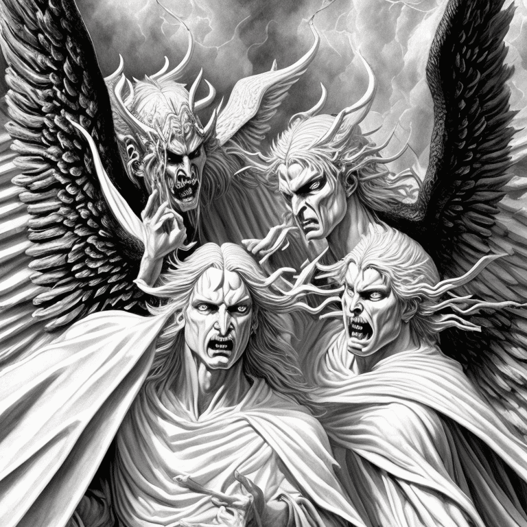 Extremely detailed illustration of an angel and a demon facing each other. Perfectly detailed angel. Perfectly detailed demon. Sacred light and hell's flames. Beautifully detailed faces. ((the angel wears white robes and has white wings) ), ((the demon wears black robes and has black wings) ), art by mschiffer, best resolution, best quality, hyperdetailed, sharp focus