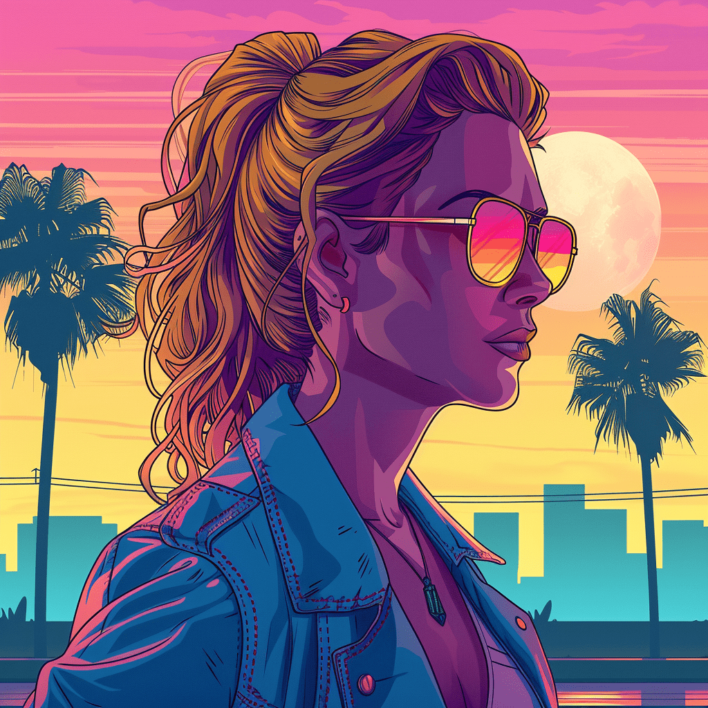 Create a female character, los angeles background, synthwave colors, set in the 80's, based on nothing special web comic from katie cook art style.