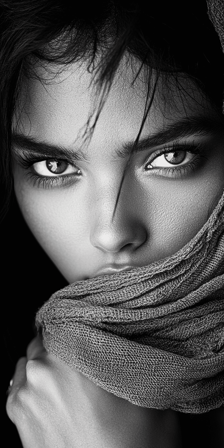 Black and white photograph of a woman, in the style of intense gaze, hauntingly beautiful, richly layered, expressive eyes, jagged edges, western-style portraits, loose and fluid style --no freckles --ar 1:2 --personalize 2gwf1qc --stylize 750 --v 6. 1