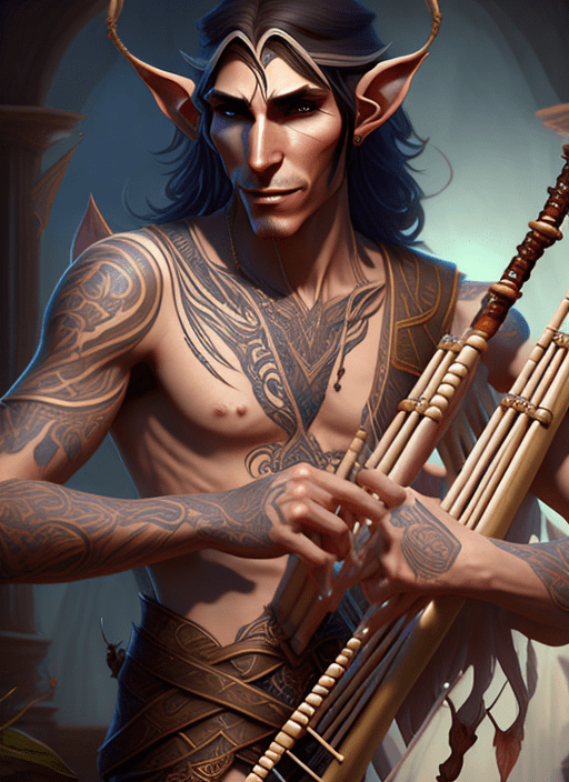 Male elven bard with tattoos playing a pan flute, ultra realistic, concept art, intricate details, eerie, highly detailed, photorealistic, octane render, 8 k, unreal engine. Art by artgerm and greg rutkowski and charlie bowater and magali villeneuve and alphonse mucha, anatomically correct, portrait