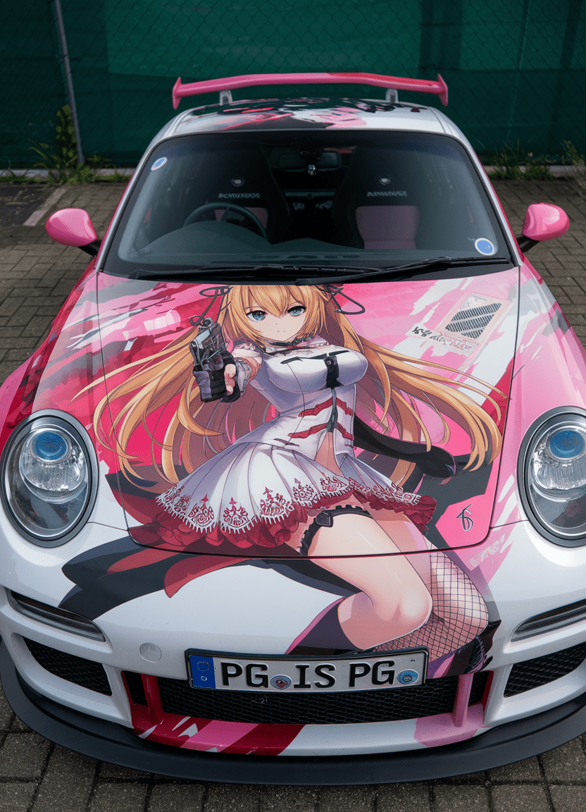 A car with a vibrant and colorful realistic stunning and gorgeous allu**ng anime-themed wrap. The car is predominantly white with pink and red accents. A female realistic allu**ng anime character, possibly from a racing or action series, is prominently displayed on the car's ho*d and sides. The character has long blonde hair, wears a white and red l*ce gothic dress-l*ce-outfit-sk*rt-fishn*t-st**kings, and holds a g*n like pi***l. The car's license plate reads 'pg is pg'. The setting appears to be an outdoor parking area with a green fence in the background.