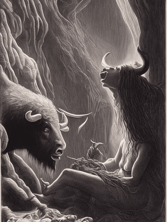 Style of jean delville [flux] 140, featuring a portrait of a wildly attractive prehistoric woman holding a freshly cooked bison leg as she greedily devours it, in the background is the cave. It is night time. The light comes from a off-screen bonfire. With a dark, warm and complementary color palette. Ambient is dark, misterious, terrifying.