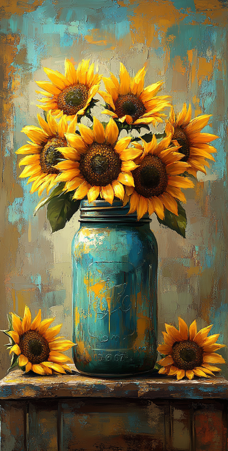 A mason jar with bright sunflowers in it, colorful, vintage, rustic background, detailed, distressed, digital art --ar 65:128 --stylize 750 --v 6. 1