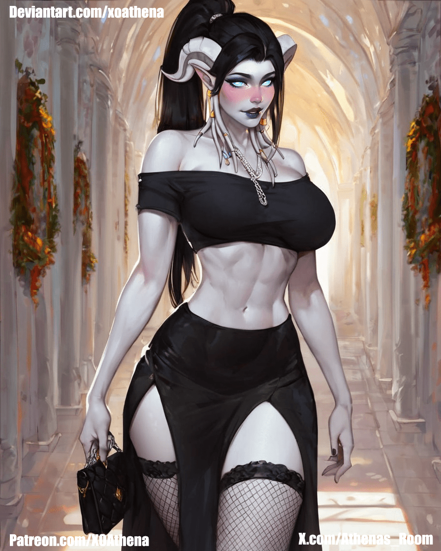 Draenei, beautiful, white skin, blue eyes, horns, black skirt, black blouse, black puirse, walking, pov, blushing