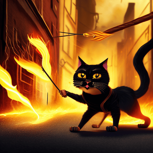 An anthropomorphic cat wearing black linen is depicted in an action pose, swirling fire with an arrow symbol in cat hand, floating above a street in a dark city alleyway, swirling magic effects and swirling energy waves surround cat, with a golden glow on cat face and body, looking at the camera, hyper detailed, movie still, ultrawide