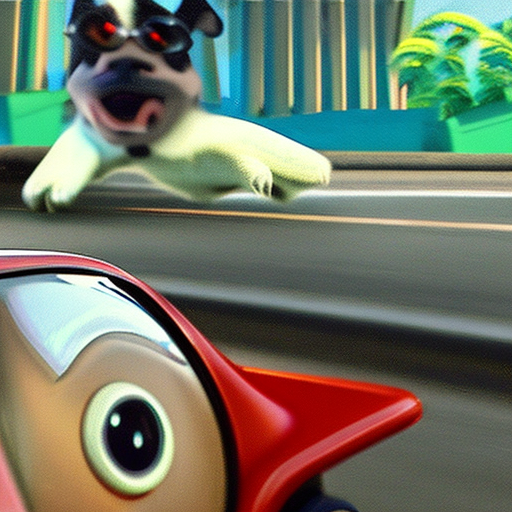 A pixar disney funny dog, driving a motorcycle through brazil streets, close to the beach