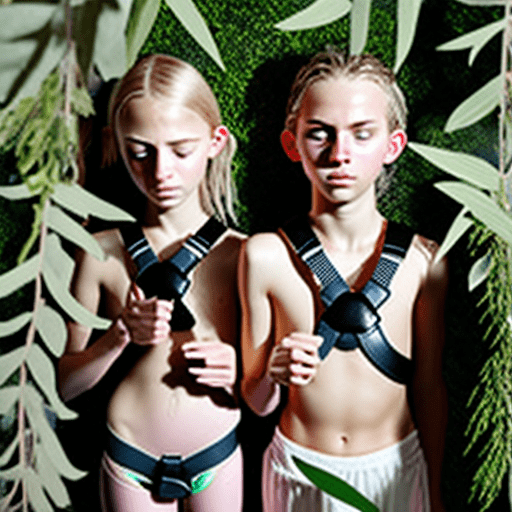 Front cover of tweensauna magazine. Scandinavian minimal harness tweens sweating profusely in steamroom with leafy myrtle sprigs.