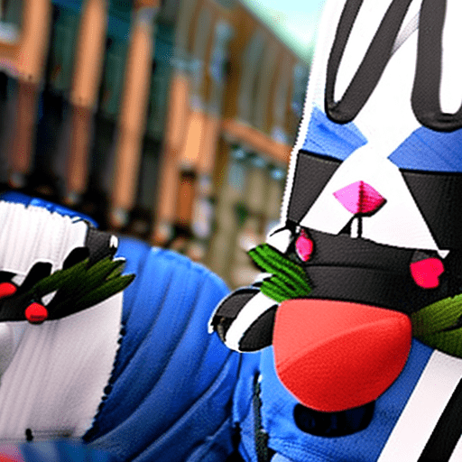 A photo of a realistic three headed samurai dog wearing a rice paddy hat on each head, wearing a blue and white striped blazer, holding a samurai sword in its paws, battling a crowd of people on a busy city street.