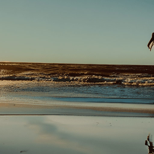 Girl walking up a beach carrying a surfboard under her arm, long wavy brunette hair blows in the wind, wearing a wetsuit unzipped, long sleeves, morning sunlight reflects off the water, heavy surf