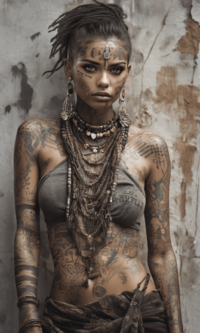 A beautiful woman, slender, tribal meets bohemian, tattoos, piercing, bohemian jewelry, modern, textured peeling wall in background, graphite, raw, gritty, dirty, mix of colors & materials, intricate, detailed, fashion photography