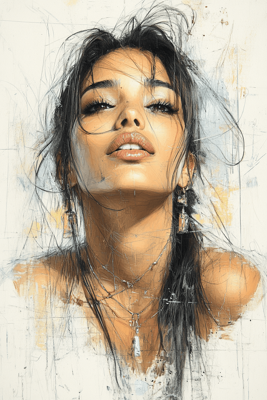Drawing of a woman, in the style of kieron gillen, light gray, intense close-ups, i can't believe how beautiful this is, augustus john, clayton crain, bold use of line --no freckles --ar 73:109 --personalize 2gwf1qc --stylize 750 --v 6. 1