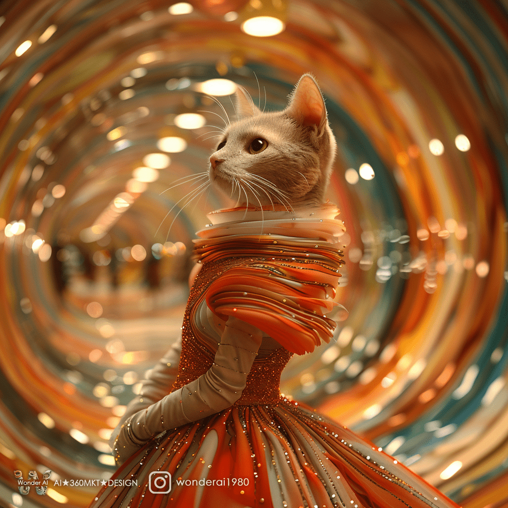 ((an anthropomorphic cute cat, wearing an alcohol ink colored haute couture dress) ), ((walking in architectural origami waved ceiling of a huge pastel hotel lobby, cave like roundings, modern interior) ), hypermaximalist, elegant, ornate, luxury, ultrawide, hyper detailed, claire droppert, corey arnold
