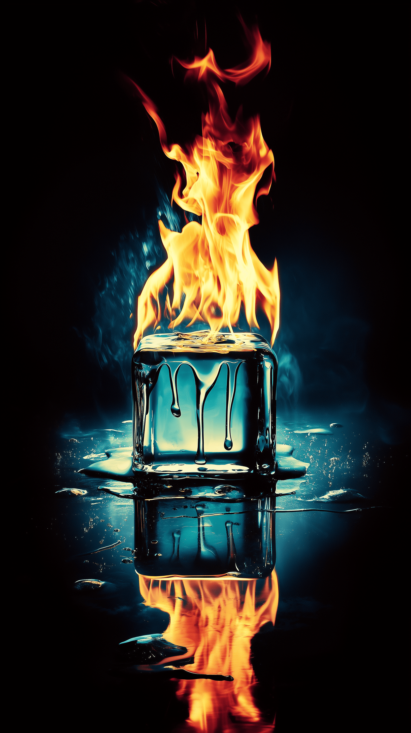 Macro shot, hyper-resolution photography, intense fire burning ice cube, deep blue to cyan color gradation fire, solid black background, reflective floor, hyperrealistic surreal, shot on canon eos r5 mirrorless camera, rf 100mm f2. 8l macro is usm lens, aperture f/8, shutter speed 1/200s, iso 100, 3-point lighting setup, main light: softbox, fill light: strip light, backlight: grid spot, emphasize minute cracks and bubbles in ice surface, contrast between deep blue flames and cool cyan ice, hdri, caustics, high resolution, sharp focus, rich color palette, dramatic light and shadow play, photorealistic texture, studio photography, product shot, ultra-detailed, professional color grading --ar 9:16 --style raw --sref 3258372261 --stylize 200 --v 6. 1