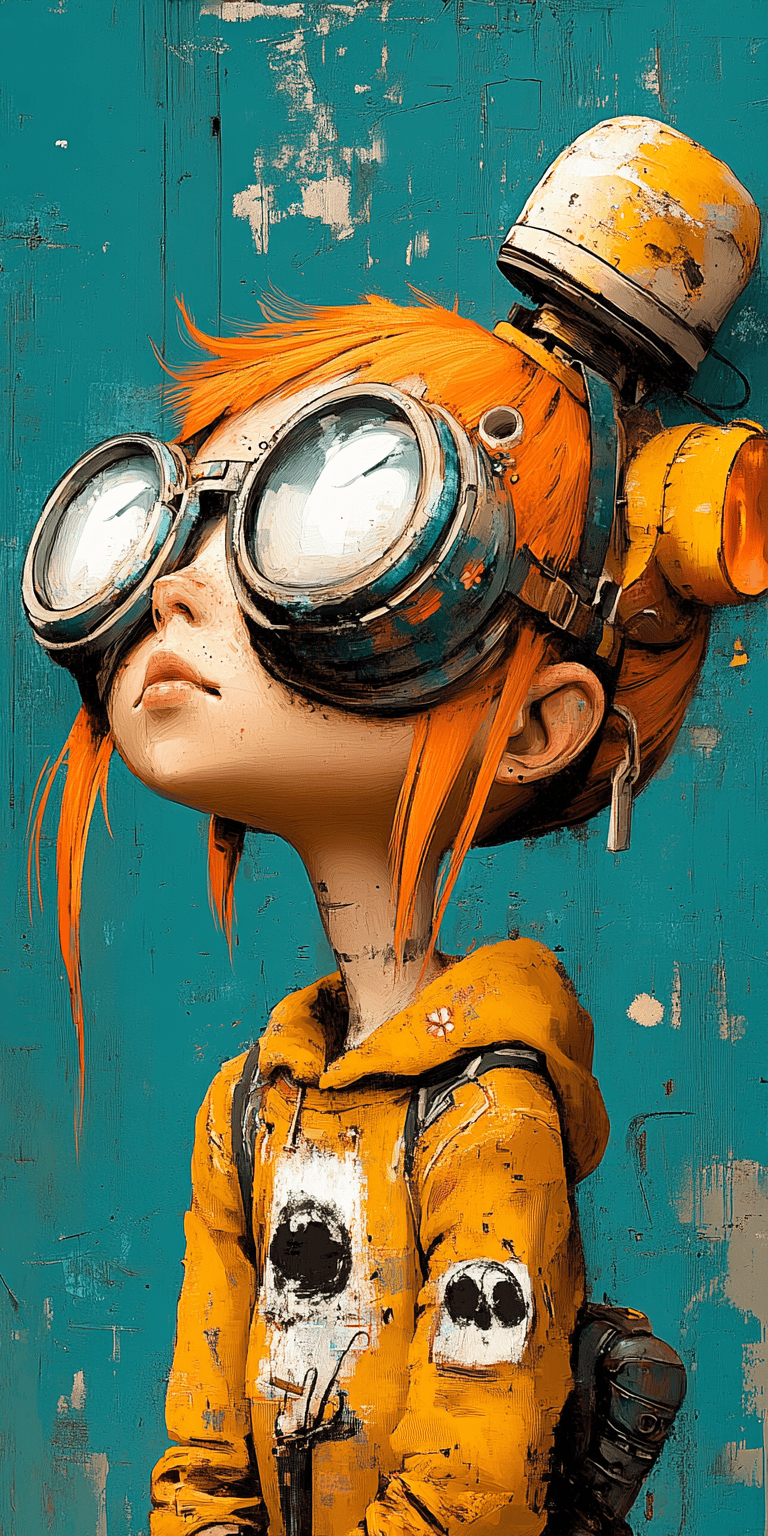 A girl with orange hair dressed in glasses, in the style of futuristic digital art, flowerpunk, shiny/glossy, dark teal and orange, charming characters, lively colors --ar 1:2 --personalize 2gwf1qc --stylize 750 --v 6. 1