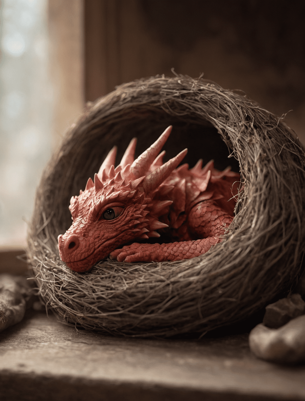 Photorealistic, lotr, a tiny red dragon curled up asleep inside a nest, (soft focus) , (f_stop 2. 8) , (focal_length 50mm) macro lens f/2. 8, medieval wizard table, (pastel) colors, (cozy) morning light filtering through a nearby window, (whimsical) steam shapes, captured with a (canon eos r5) , highlighting (serene) comfort, medieval, dnd, rpg, 3d, 16k, 8k