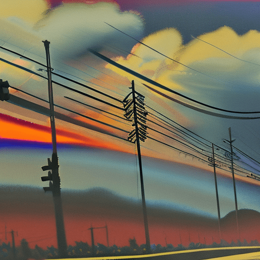 A dramatic sunset unfolds over the quiet city streets, with clouds in the sky painted in vibrant shades of orange, pink, and purple. The sky is filled with swirling, almost apocalyptic clouds, illuminated by the setting sun, creating an ominous and awe-inspiring scene. The street is lined with power lines and parked cars, and puddles on the ground reflect the colors of the sky. The mood is calm yet intense, capturing a moment of solitude in a beautiful natural setting. A lone man walks down the street, silhouetted against a glowing sky.