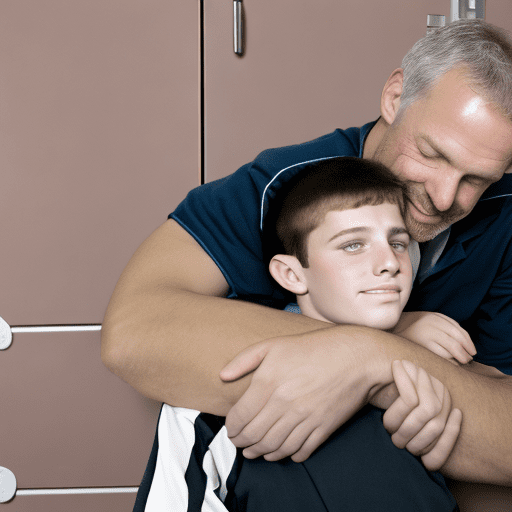 Caucasian 45 year old father with a long large nose and 10 year old boy, locker room, boy's head resting on father's chest, hugging from behind, boy sitting on father, affection, head, hand holding cheeks, sportive