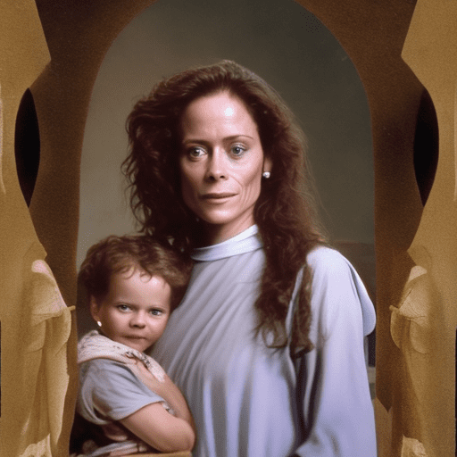 /imagine prompt: sigourney wawer à 30 ans en madone allaitant l'enfant jesus, mais a la place de l'enfant jesus je veux un xenomophe style hr gigger, la photo doit etre tres réaliste et reprendre tout les code des tableau de la vierge a l'enfant, si des chose sont interdite fait une variation