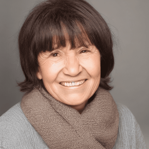 A portrait photograph of an older woman with short dark brown hair featuring blunt bangs, positioned slightly to the right of center. She has light skin with a warm beige tone, subtle wrinkles around her eyes and mouth, and is smiling gently while looking directly at the camera. The lighting is soft, bright, and even, illuminating her face clearly without harsh shadows. Her expression is calm and approachable, with slightly parted lips revealing a hint of teeth. She wears a black shirt with a round neckline that fits closely around her neck. The shirt features intricate white floral embroidery on the left side near the chest, consisting of five beige petals surrounding five small white dots in the center. A delicate thin gold chain necklace adorns her neck, featuring a small heart-shaped pendant that hangs just above the neckline. The background is plain white, providing a clean and uncluttered backdrop that keeps the focus on the subject. The overall mood of the image is neutral and professional, captured in a studio setting with balanced exposure and natural colors.