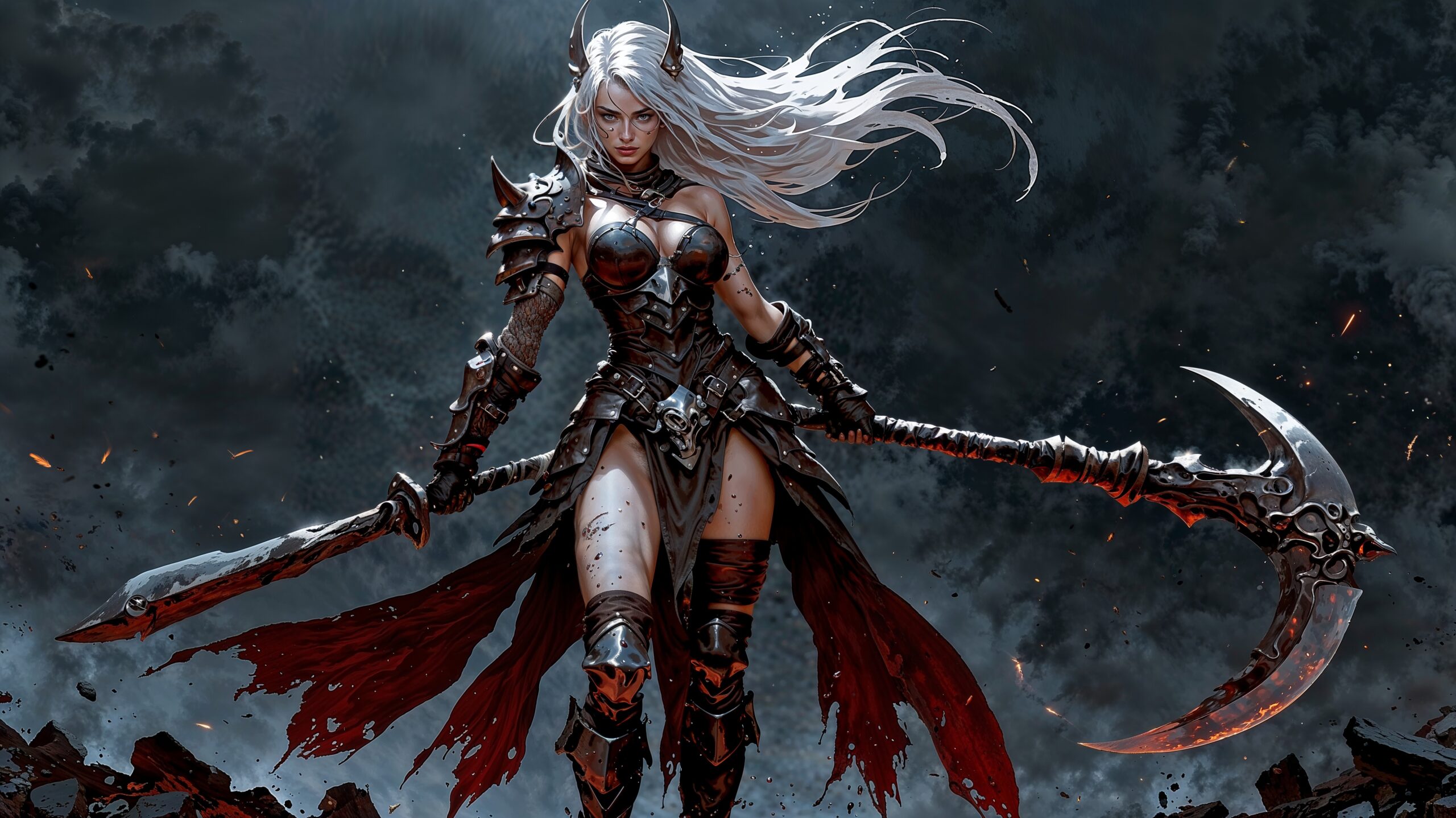 High-resolution, digitally created image of a fierce female warrior in a fantasy setting. The layout is dynamic, with the subject positioned in a powerful stance, holding a large, blood-stained axe in her right hand and a wooden shield in her left. She is wearing a detailed, weathered metal helmet with a nose guard, and her long, silver hair flows out from underneath. Her armor consists of metal shoulder guards, a chainmail bra, and leather straps, revealing her muscular, blood-splattered arms and torso. The background is a misty, dark environment with particles floating in the air, adding to the dramatic and intense atmosphere. The overall color palette is dark and muted, with shades of grey, brown, and red dominating the scene.