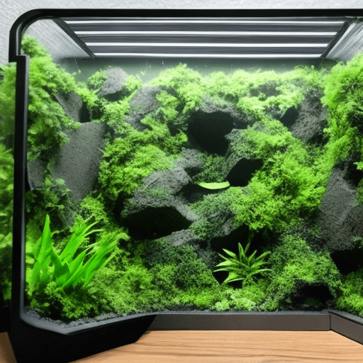 Dark and green vegetation diorama in an terrarium embeded in a wall in an diagonal reactangle going from top right to bottom left of the wall