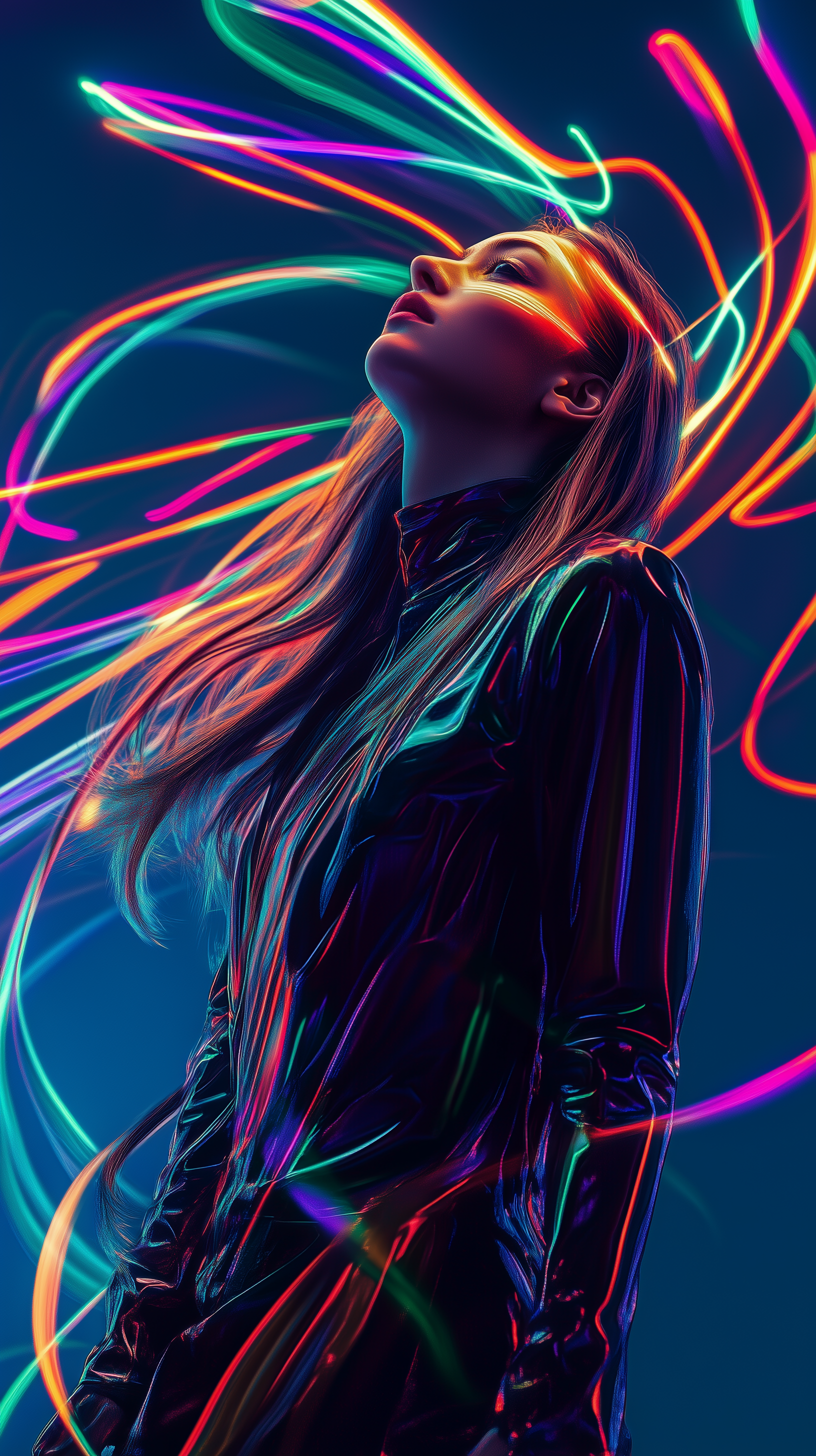 Digital art portrait of a young woman, flowing hair, illuminated by vibrant neon colors swirling around her head, she is dressed in a sleek, futuristic suit that reflects the neon lights, adding depth to the dark, muted blue background, the neon light trails extend from her eyes and hands, creating an ethereal, almost otherworldly atmosphere, the background transitions from deep blue to a gradient of warm oranges and purples, enhancing the sense of energy and motion, highly detailed, vibrant color palette, dynamic composition, surreal lighting effects --ar 9:16 --style raw --v 6. 1
