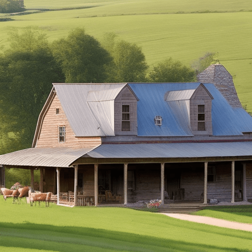 A serene and rustic old farm house sits at the end of a long dirt road, surrounded by rolling hills and fields of gold. The house itself is a charming, weathered wood structure with a wraparound porch, next to the house stands a classic red barn, home to horses, chickens, and pigs. The air is fresh and clean, filled with the sweet scent of hay and the sound of birdsong. Inside the house, the atmosphere is cozy and welcoming, with candles and lanterns providing warm lighting. The decor is simple yet charming, with vintage farm tools and equipment on display. A old pickup truck sits in the driveway, adding to the rustic charm. A few chickens peck at the ground near the barn, while a horse grazes in the nearby field. This is a place where time stands still, where the rhythms of nature dictate the pace of life, ultra detailed, uhd, 14k, cinematic, sharp focus, dslr, vibrant colors, watercolor, soft brush strokes